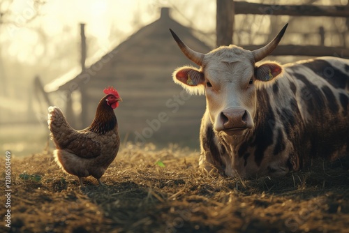 Cow rests in the sun while a chicken pecks around in a tranquil farmyard at dawn