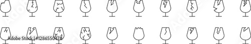 Broken Glass Thin Line Icon Set. Outline Signs for Graphic and Web Design, Apps, Adverts, Various Cards