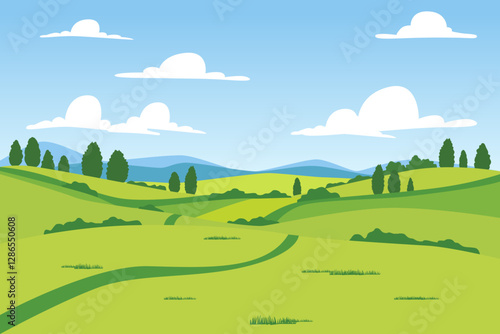 Green meadows and summer fields vector landscape illustration. Summer landscape of green fields, trees, hills and mountains. Beautiful natural landscape for design.