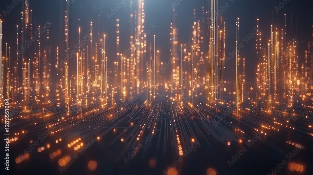 Fototapeta premium Abstract Digital Golden Cityscape: A mesmerizing visualization of interconnected data streams and glowing particles, evoking a sense of futuristic technology and boundless potential.