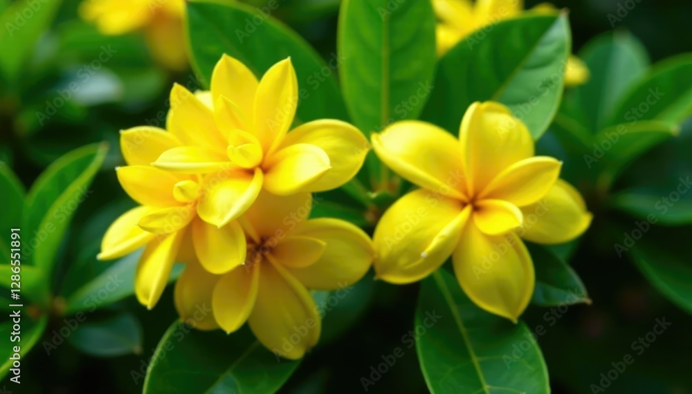 Dense bouquet of bright yellow flowers among emerald green leaves, gardenia, nature Dense bouquet of bright yellow flowers among emerald green leaves, gardenia, nature