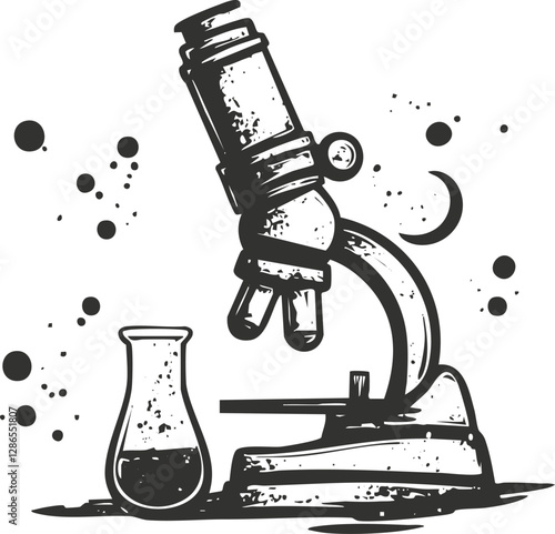 Vintage black and white illustration of a microscope and flask.