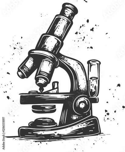 Vintage microscope illustration in black and white with splatter effect.