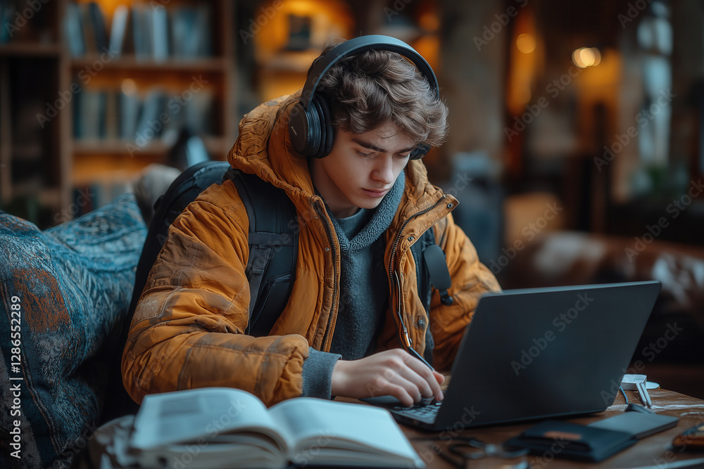 Student takes notes while attending an online class Student takes notes while attending an online class