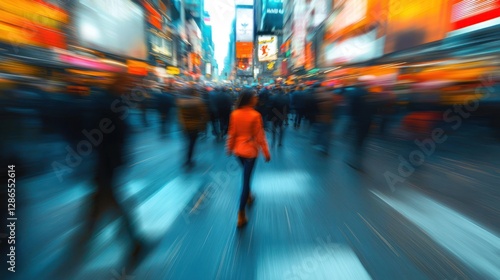 Wallpaper Mural A woman walking through Times Square, surrounded by a blur of people and lights. The image is a dynamic representation of city life, capturing the energy and movement of the iconic location. Torontodigital.ca