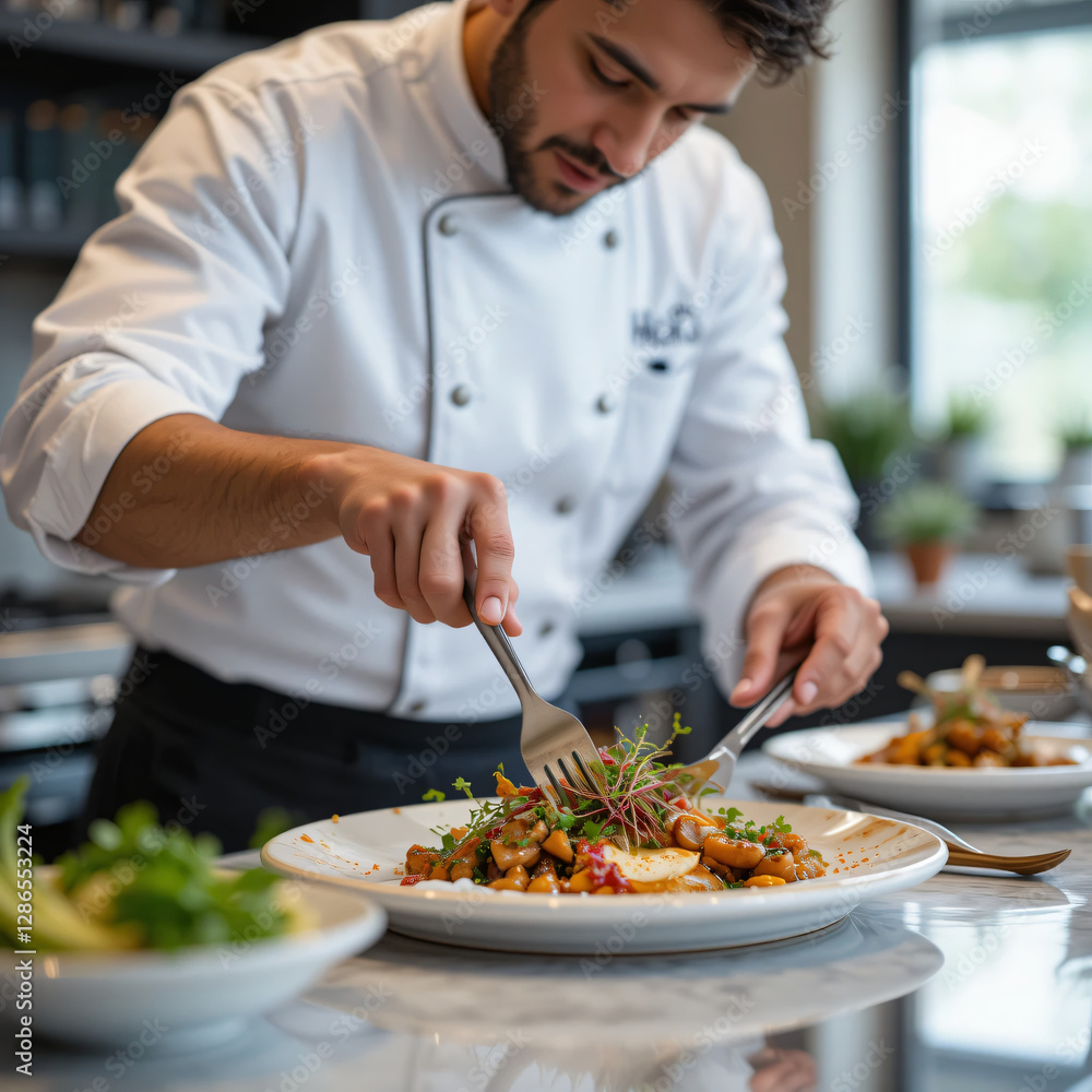 Chef preparing gourmet dish with microgreens in restaurant kitchen setting Chef preparing gourmet dish with microgreens in restaurant kitchen setting