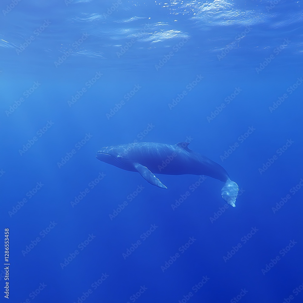 Fototapeta premium Majestic whale in deep ocean with sunlight rays high resolution picture