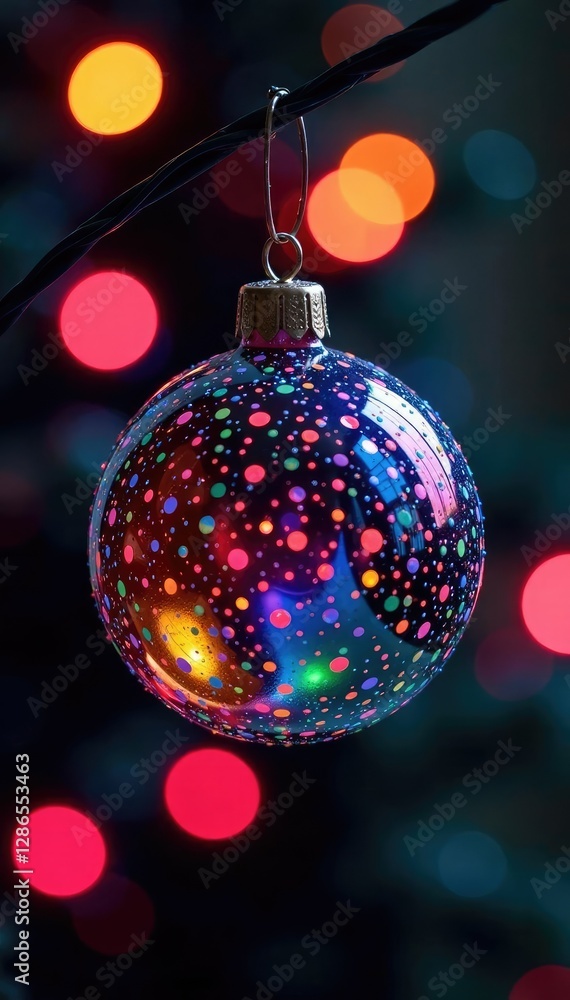 Fototapeta premium A colorful glass ball ornament hanging from a dark metal rod, holiday lights, rod, colors