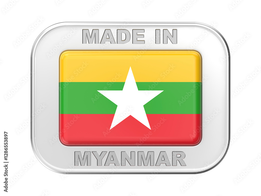 Made in Myanmar, silver badge with the flag of Myanmar Made in Myanmar, silver badge with the flag of Myanmar
