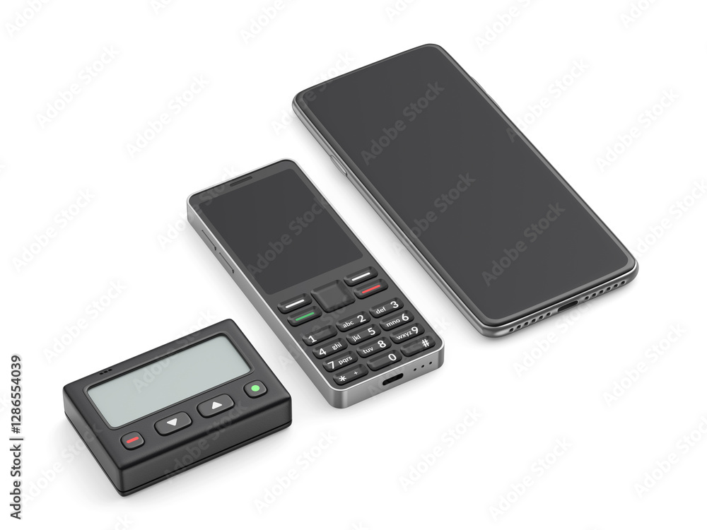 Pager, feature phone, and smartphone on a transparent background Pager, feature phone, and smartphone on a transparent background