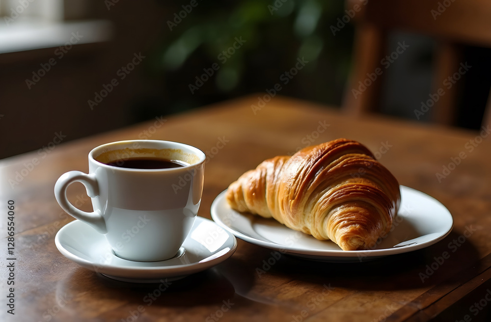Breakfast in the cafe, a cup of coffee with croissants on the table. The concept of a small business. Breakfast in the cafe, a cup of coffee with croissants on the table. The concept of a small business.
