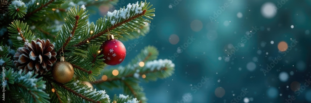 Fototapeta premium A Christmas tree branch is adorned with snowflakes and pinecones, decorations, winter