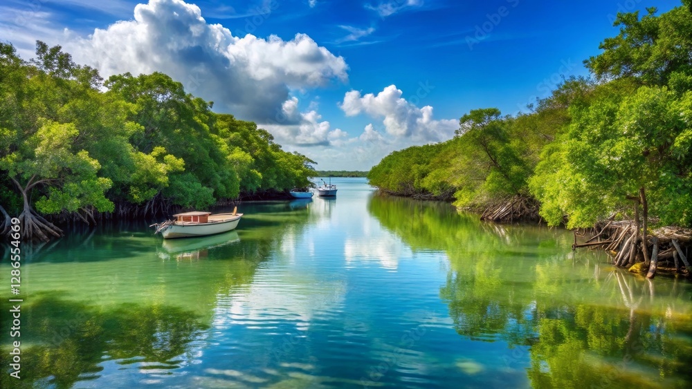 Serene waterway flanked by lush mangrove trees, reflecting a vibrant sky and tranquil boats Serene waterway flanked by lush mangrove trees, reflecting a vibrant sky and tranquil boats