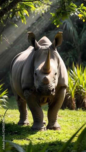 Rare Javan Rhinoceros Standing Majestically in Lush Tropical Rainforest photo