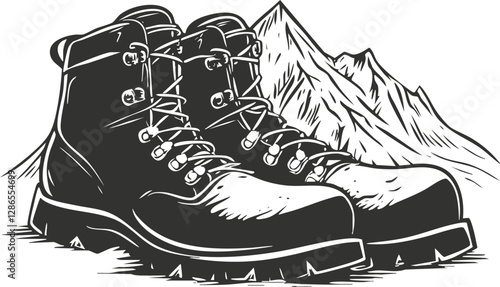 Illustration of hiking boots with mountain backdrop, emphasizing adventure and exploration.