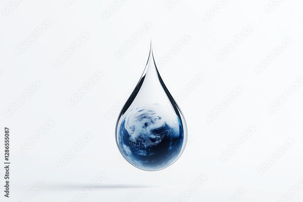 Obraz premium Crystal droplet captures the Earth within. Crucial role of water in global climate. World Meteorological Day