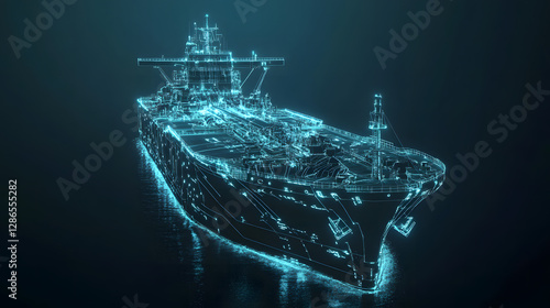 Futuristic digital rendering of an oil tanker at sea, glowing with cyan energy lines; abstract, technological, maritime.