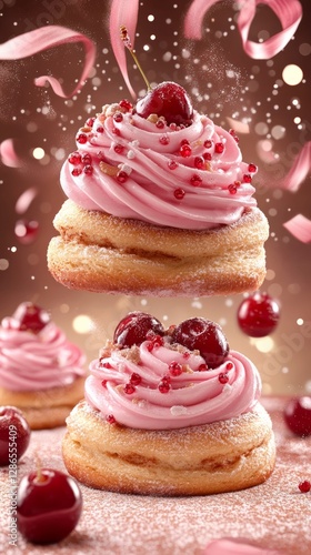 Sweet Cherry Delights: Captivating visual of gourmet cakes topped with luscious pink frosting and ripe cherries, set against a festive backdrop with ribbons and sprinkles.