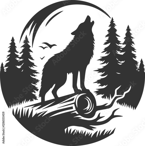 A lone wolf howling with a fallen tree in the background animal vector silhouette