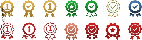 Approval check big icon set. Verified, certified, medal, correct mark, award ribbon, badge, quality certify sign - stock.