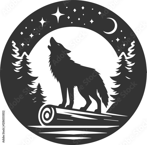 A lone wolf howling with a fallen tree in the background animal vector silhouette