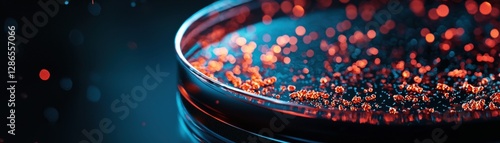 A vibrant petri dish with glowing red particles, set against a dark background, showcasing a captivating scientific aesthetic.