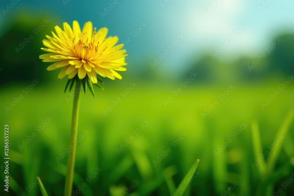 A bright yellow dandelion flower bloomed in a lush meadow, dandelion, field A bright yellow dandelion flower bloomed in a lush meadow, dandelion, field