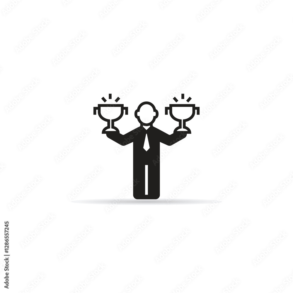 businessman showing trophy icon with shadow on white background businessman showing trophy icon with shadow on white background