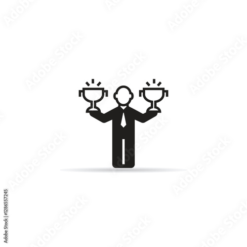 businessman showing trophy icon with shadow on white background