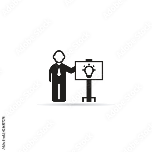 businessman presenting idea bulb icon with shadow on white background