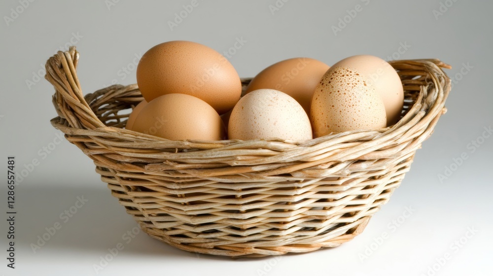 Basket of Eggs: A rustic woven basket cradles a collection of fresh, brown eggs, creating a simple yet appealing still life that evokes the essence of a farm-fresh breakfast. Basket of Eggs: A rustic woven basket cradles a collection of fresh, brown eggs, creating a simple yet appealing still life that evokes the essence of a farm-fresh breakfast.