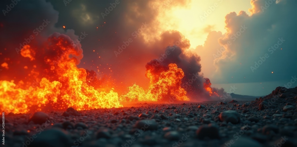 Naklejka premium Powerful blow lands, dramatic lighting, blurred motion, boxing match, gloves