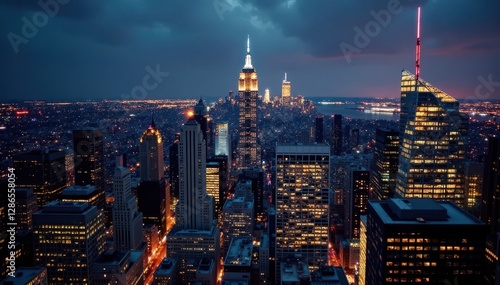 Panoramic nighttime shot of NYC skyline, myriad glowing windows , windows, skyscrapers