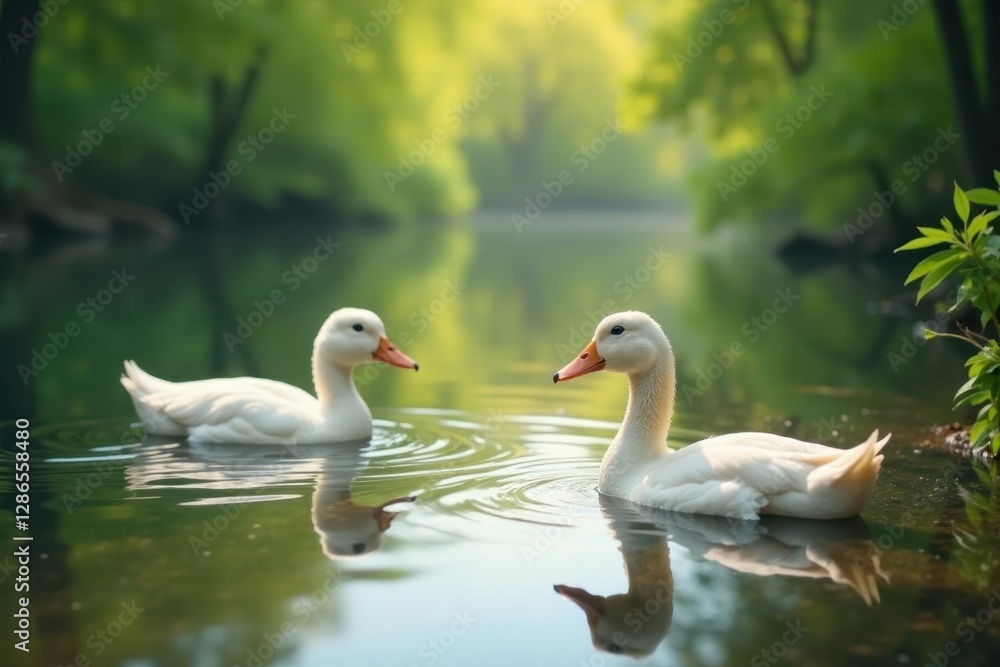 Serene riverbank; ducks swim peacefully, child's reflection visible , ducks, day Serene riverbank; ducks swim peacefully, child's reflection visible , ducks, day