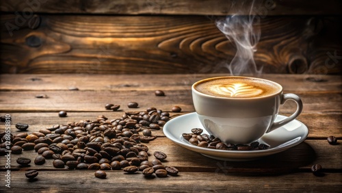Steaming cup of cappuccino coffee on a wooden table, with a few coffee beans scattered around it, coffee, beans