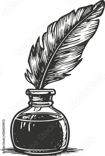 Illustration of a vintage quill and ink bottle drawing.