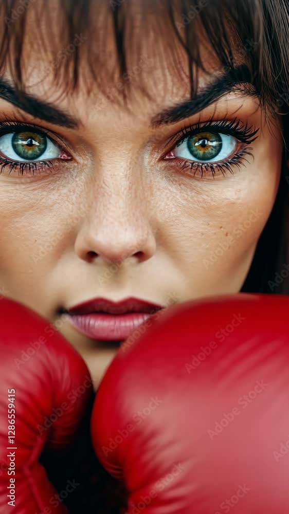 Intense focus of a boxer preparing for a match in a training gym with red gloves and striking blue eyes Intense focus of a boxer preparing for a match in a training gym with red gloves and striking blue eyes