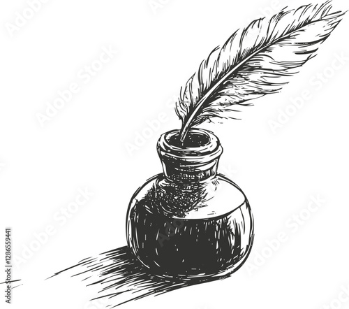 Vintage ink bottle with feather quill sketch in black and white.