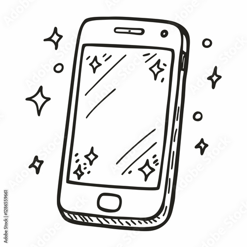 Hand Drawn Smartphone Illustration with Sparkles and Reflections Trendy Vector Art