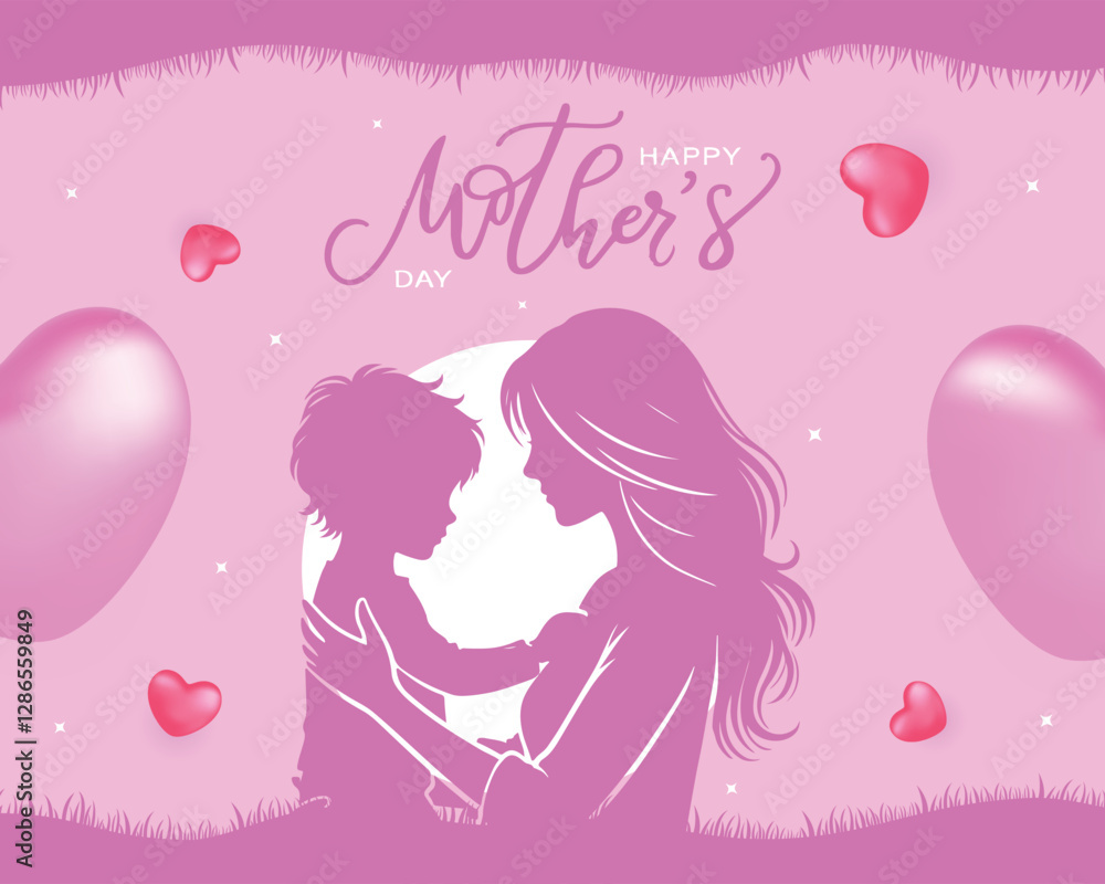 Beautiful Mother's Day background featuring a mother and child silhouette under a glowing moon, surrounded by pink heart balloons and soft grass edges. Perfect for cards and social media Beautiful Mother's Day background featuring a mother and child silhouette under a glowing moon, surrounded by pink heart balloons and soft grass edges. Perfect for cards and social media
