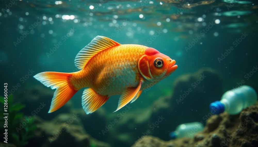 Fototapeta premium Fish swimming amidst plastic bottles, murky water , environmental disaster, sea