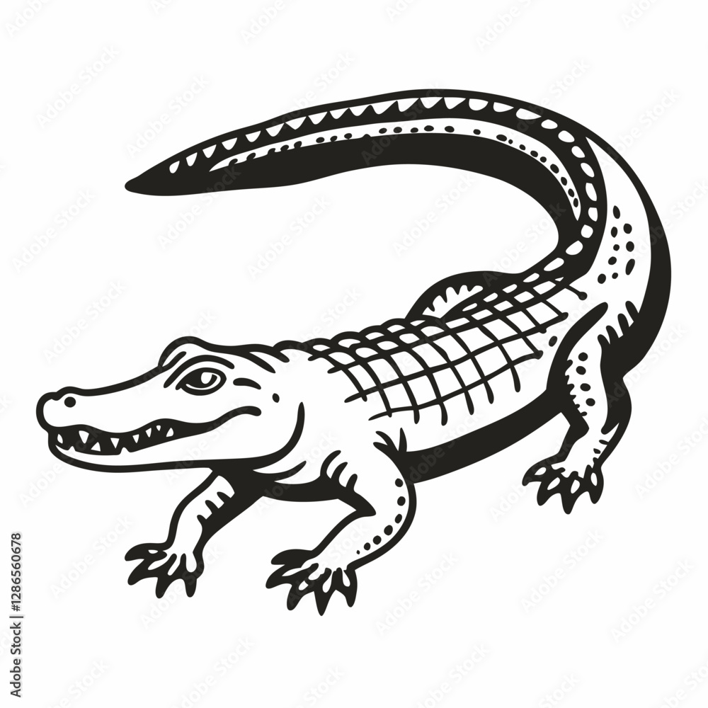 Naklejka premium Detailed Monochrome Alligator Illustration Vintage Style Reptile Art for Nature and Wildlife Projects
