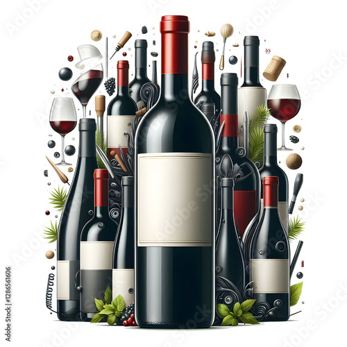 Red wine bottle with blank label. isolate on White background
