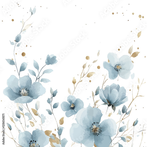 Elegant watercolor painting of blue flowers with gold accents and delicate botanical details