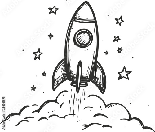 Hand-drawn illustration of a rocket launching into space with surrounding stars.