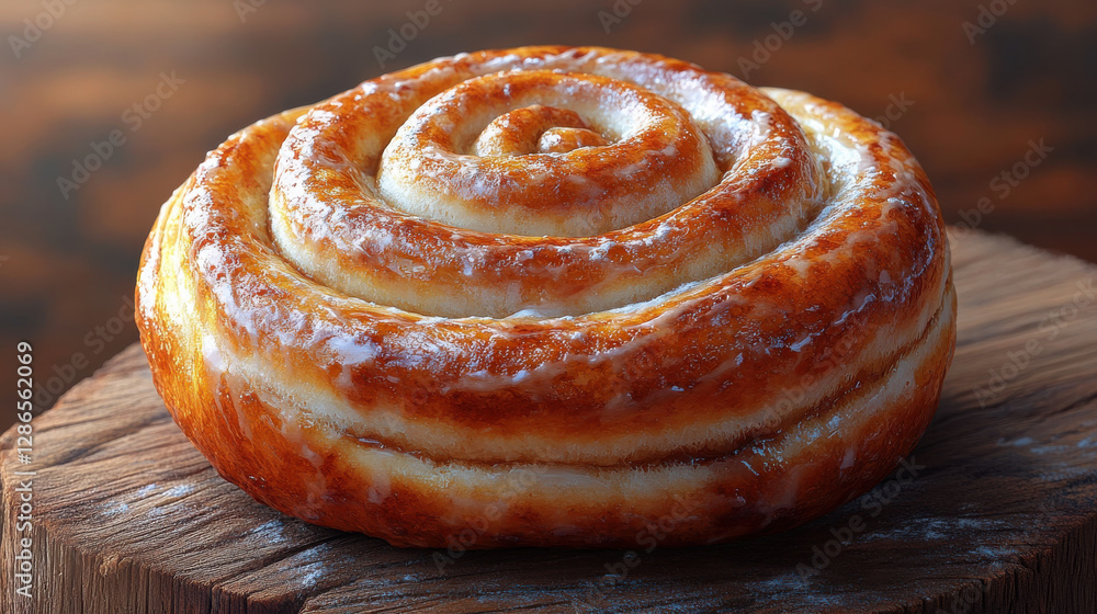 Fototapeta premium Freshly baked sticky bun with glossy glaze, resting on wooden surface