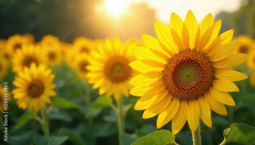 Fototapeta premium Sunflowers tracking the sun's path, vibrant yellow petals , sun, rural, warm