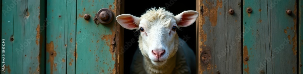 Curious sheep's eye peering from rustic barn door, autumn, fluffy Curious sheep's eye peering from rustic barn door, autumn, fluffy