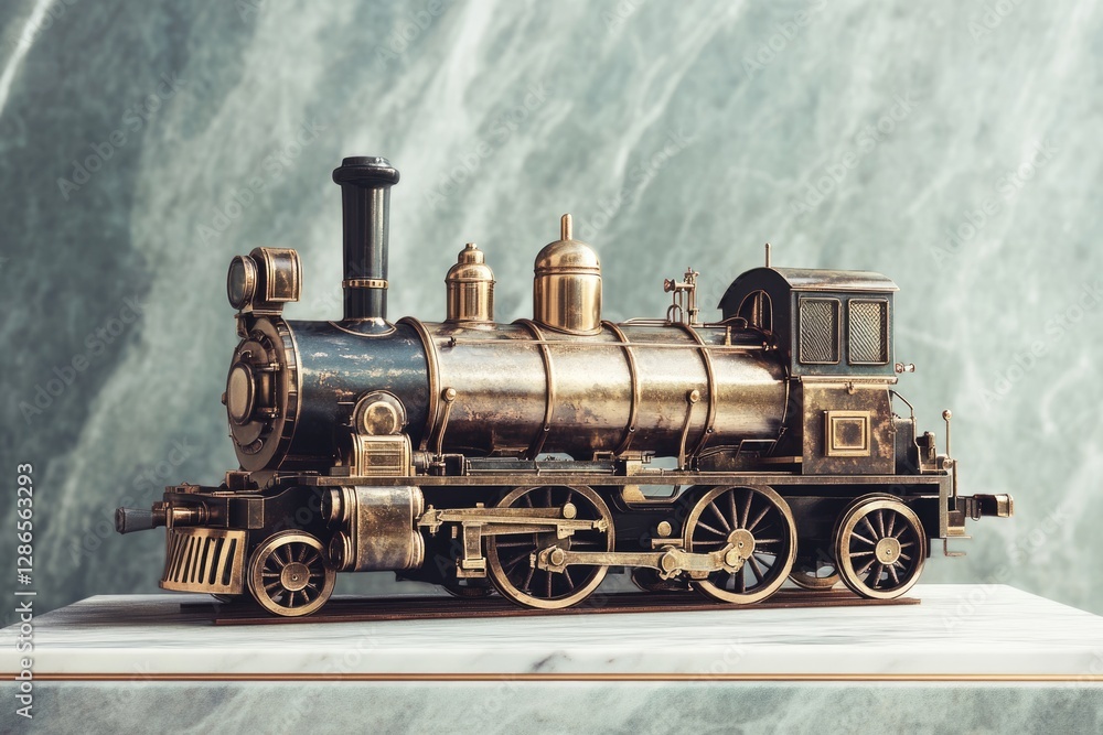 Antique brass and black model steam locomotive displayed on marble, evoking nostalgia and vintage charm. Antique brass and black model steam locomotive displayed on marble, evoking nostalgia and vintage charm.