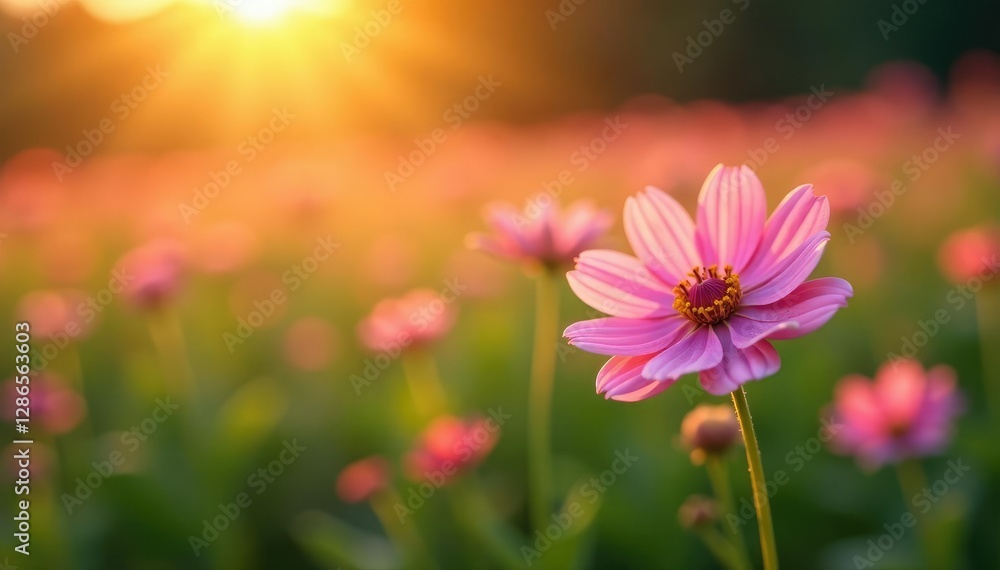Obraz premium Soft petals of pink flowers gently sway in morning breeze, field, sunrise, blooming